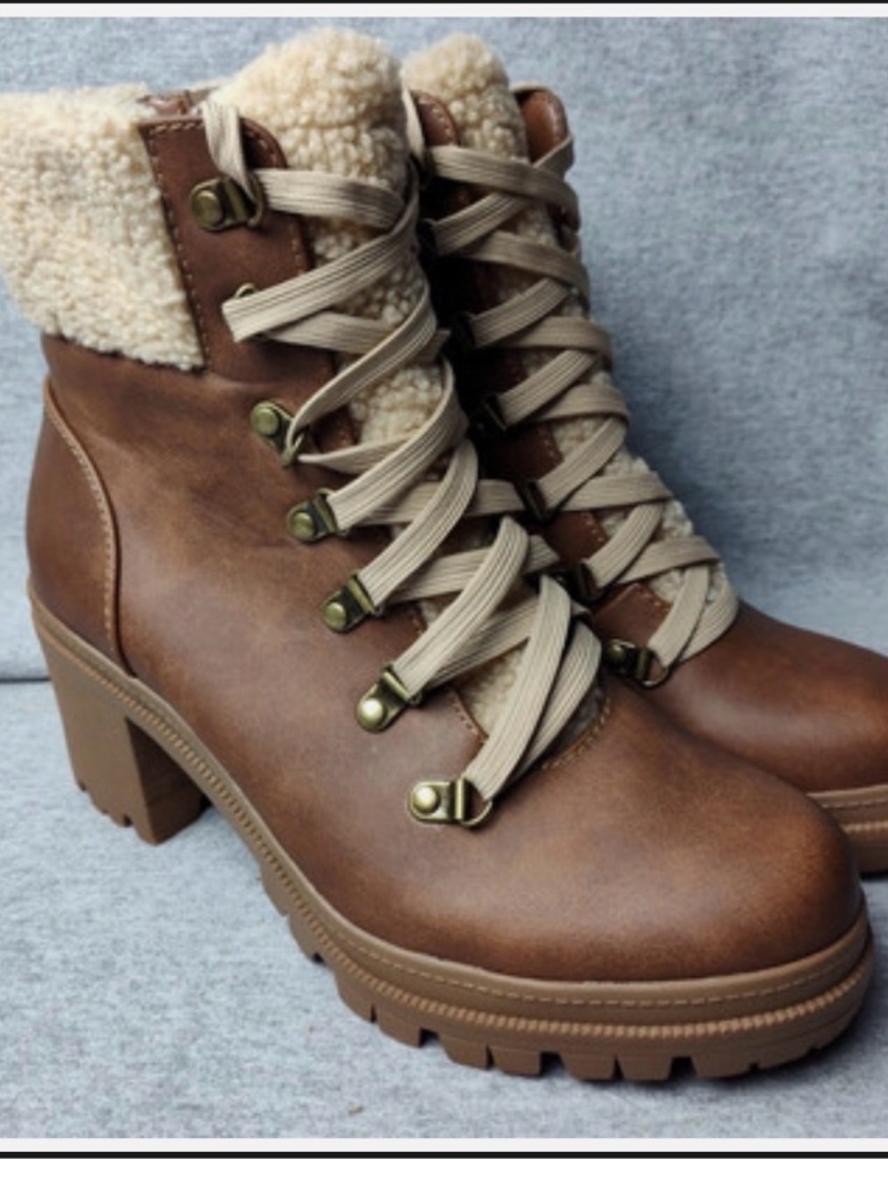 Soda Brown Lace-Up Faux Shearling Ankle Boots